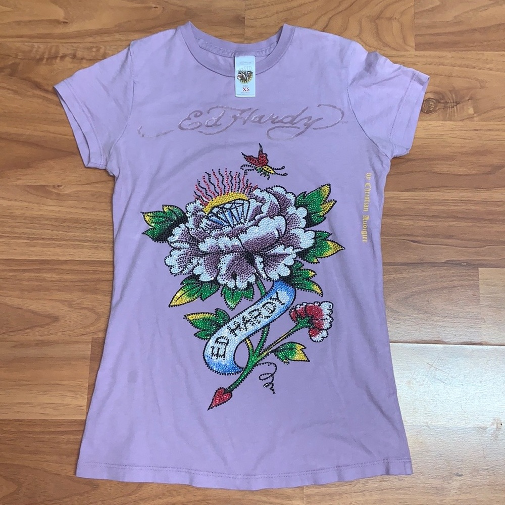Ed Hardy *RARE* Chrysanthemum Rhinestone Shirt